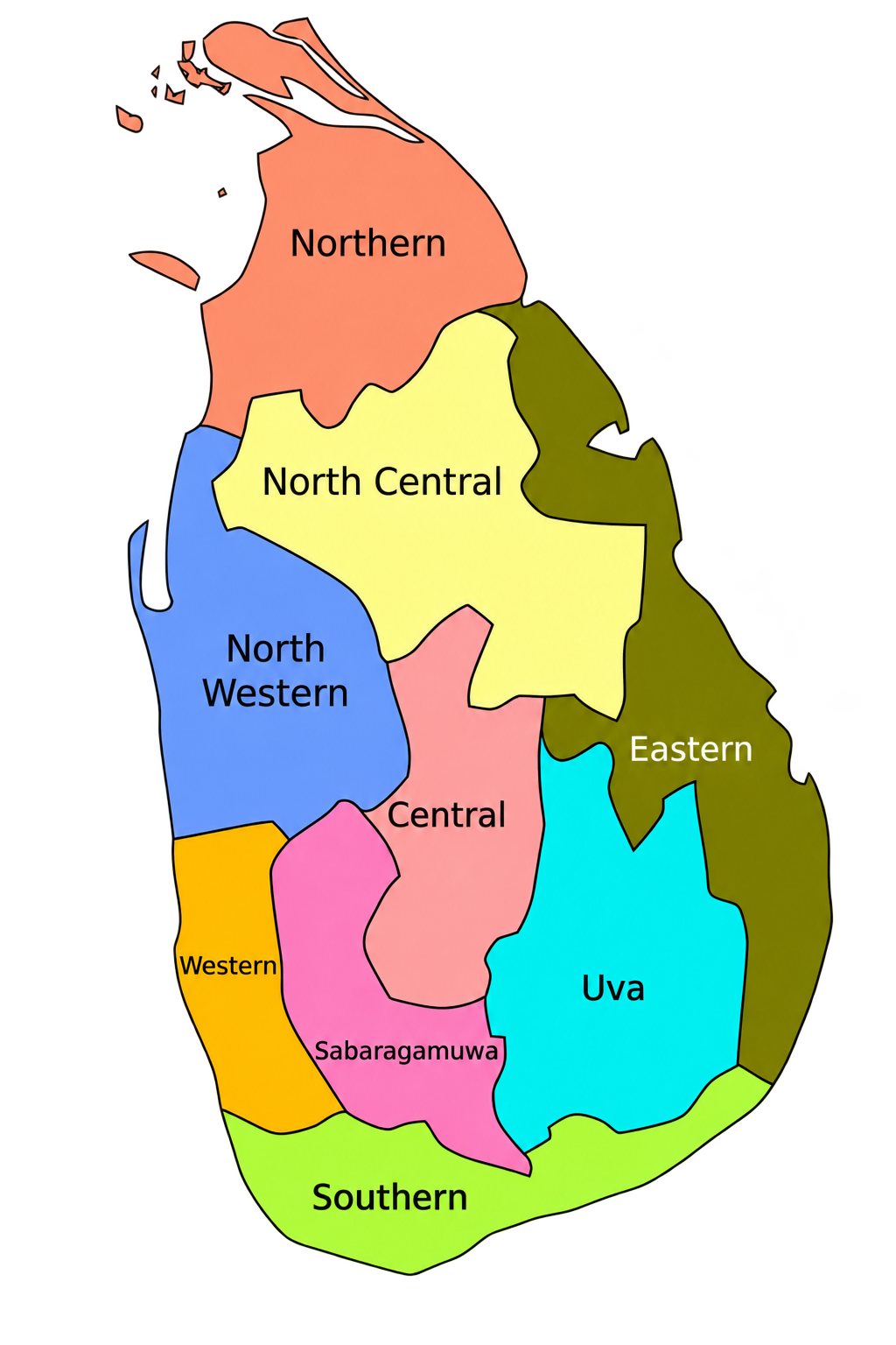 Sri Lanka map showing all nine provinces